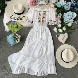 Embroidered Tassel-detail Off-shoulder Dress