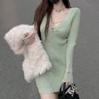 Long-sleeve Button-up Ribbed Knit Mini Sheath Dress