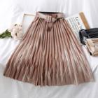 Pleated Velvet A-line Skirt With Belt