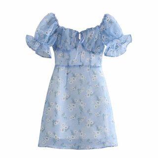 Square-neck Short-sleeve Floral Mini A-line Dress