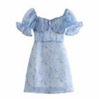 Square-neck Short-sleeve Floral Mini A-line Dress