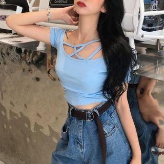 Short-sleeve Cropped T-shirt Blue - One Size
