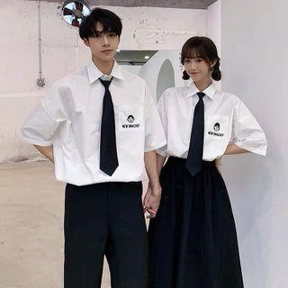 Couple-matching Elbow-sleeve Cartoon Embroidered Shirt / Midi A-line Skirt