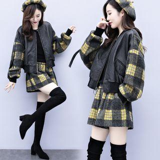 Set: Plaid Panel Zip Jacket + Wide-leg Shorts