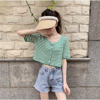 Short-sleeve Striped Button Knit Top