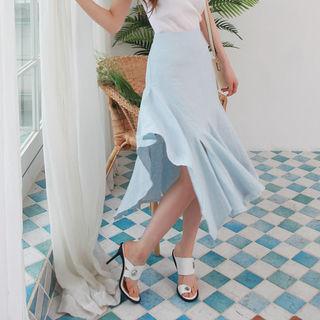 Asymmetric-hem Linen Long Skirt