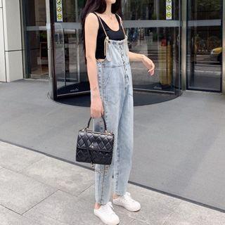 Sleeveless Plain Top / Tie-strap Denim Jumper Pants