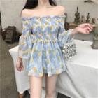 Off-shoulder 3/4-sleeve Leaf Print Blouse