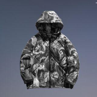 Graphic Print Quilted Hooded Zip Jacket