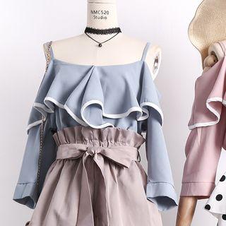 Ruffle Spaghetti Strap Off-shoulder Long-sleeve Blouse