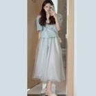 Puff-sleeve Square-neck Blouse / Mesh Midi A-line Skirt