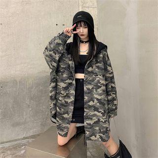 Camo Hooded Buttoned Jacket As Shown In Figure - One Size
