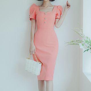 Puff-sleeve Square Neck Midi Bodycon Dress