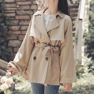 Plain Double-breasted Belted Trench Jacket