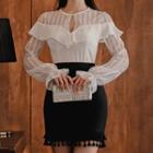 Set: Ruffle Trim Long-sleeve Top + Mini Sheath Skirt