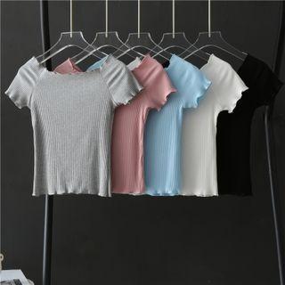 Off-shoulder Lettuce Edge Cropped T-shirt