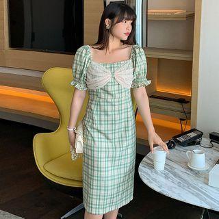 Puff-sleeve Square-neck Plaid Panel Mesh Dress