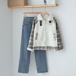 Plaid Panel Zip-up Jacket / Straight-cut Jeans