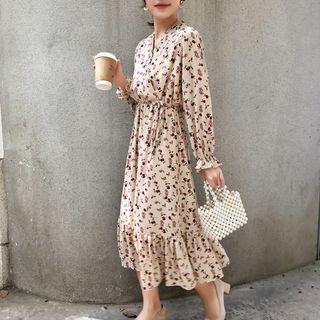 Print Long-sleeve Chiffon Midi A-line Dress