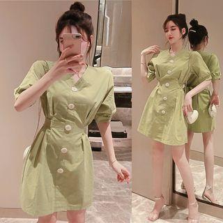 V-neck Elbow-sleeve A-line Dress Green - One Size