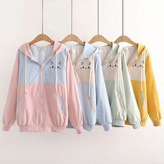Cat Print Two-tone Hooded Zip Jacket