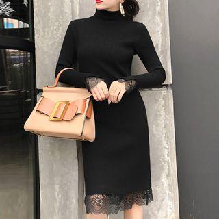 Mock-neck Lace Panel Long-sleeve Dress
