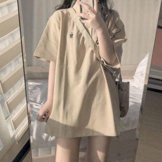Plain Bear Print Short Sleeve T-shirt Milk Tea - One Size