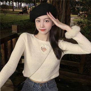 Cutout Heart Fluffy Trim Knit Crop Top