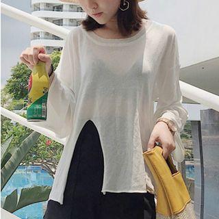 Plain Side Slit Long Sleeve Top