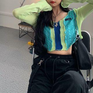 Long-sleeve Two Tone Knit Top