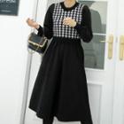 Houndstooth Knit-panel Flared Long Dress