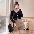 Set: V-neck Cardigan + High Waist Shorts