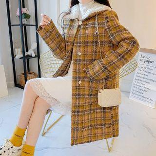Long-sleeve Plaid Panel Faux Fleece Long Coat