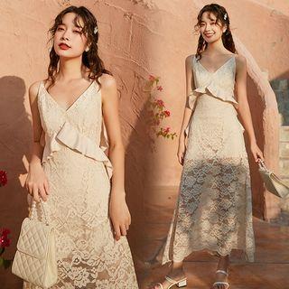 Spaghetti Strap Ruffled Midi Slit Lace Dress