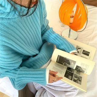 Plain Turtle-neck Loose-fit Sweater Blue - One Size