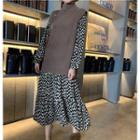 Turtleneck Knit Vest / Dotted Long-sleeve Midi A-line Dress