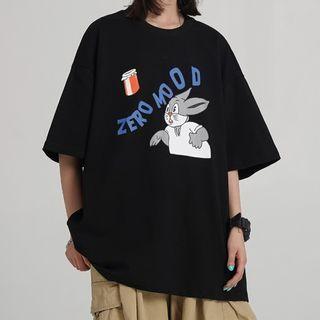 Rabbit Printed Elbow-sleeve T-shirt