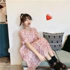Elbow-sleeve Floral Dress Pink - One Size