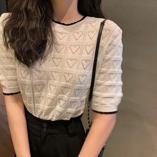 Short-sleeve Perforated Knit Top White - One Size