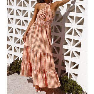 Plaid Halter Sleeveless Open-back A-line Dress