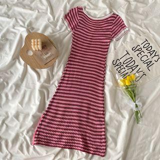 Puff-sleeve Striped Knit Midi Sheath Dress