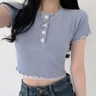 Short-sleeve Frill Trim Buttoned Knit Crop Top Blue - One Size