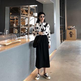 Patterned Shirt / Split Hem Midi H-line Skirt