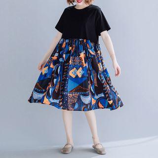 Short-sleeve Printed Chiffon Paneled Tunic Dress