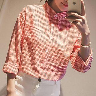 Gingham Stand Collar Long-sleeve Shirt
