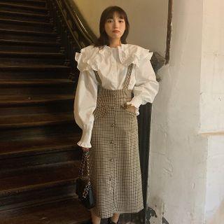 Retro Ruffle Trim Plain Shirt / Plaid High-waist Jumper Skirt