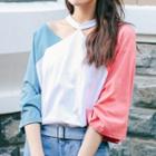 Color Block Cut Out 3/4-sleeve T-shirt