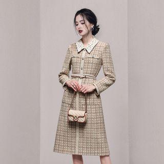 Long-sleeve Collared Button-up Tweed A-line Dress