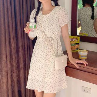 Flower Print Lace Up Short-sleeve Chiffon A-line Dress