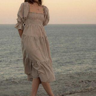 Puff-sleeve Shirred Gingham Check Midi A-line Dress